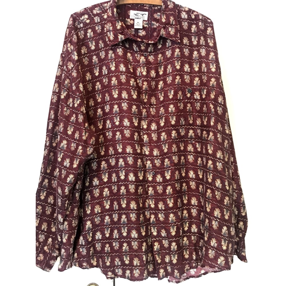 CHIAMARE 100% Silk Pineapple Hawaii long sleeve button up shirt chest pocket XL